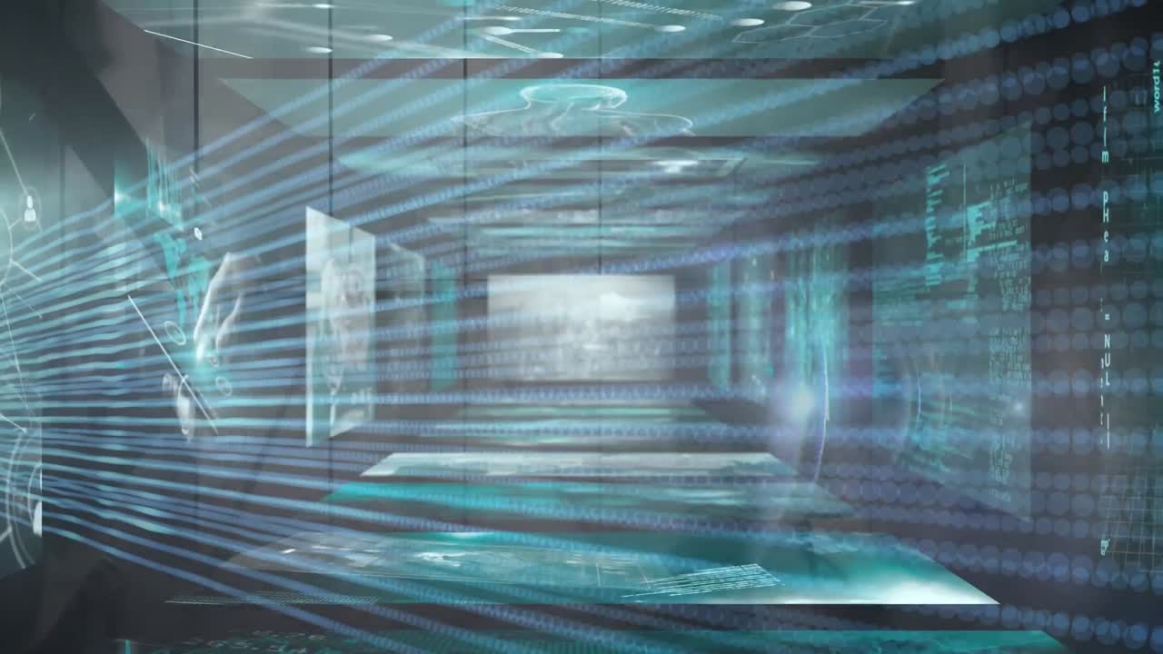 빠른 동작으로 걸어가는 보행자 위의 화면에서 데이터 처리의 애니메이션