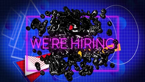 animation of we are hiring text in rectangle over geometric shapes, abstract pattern in background