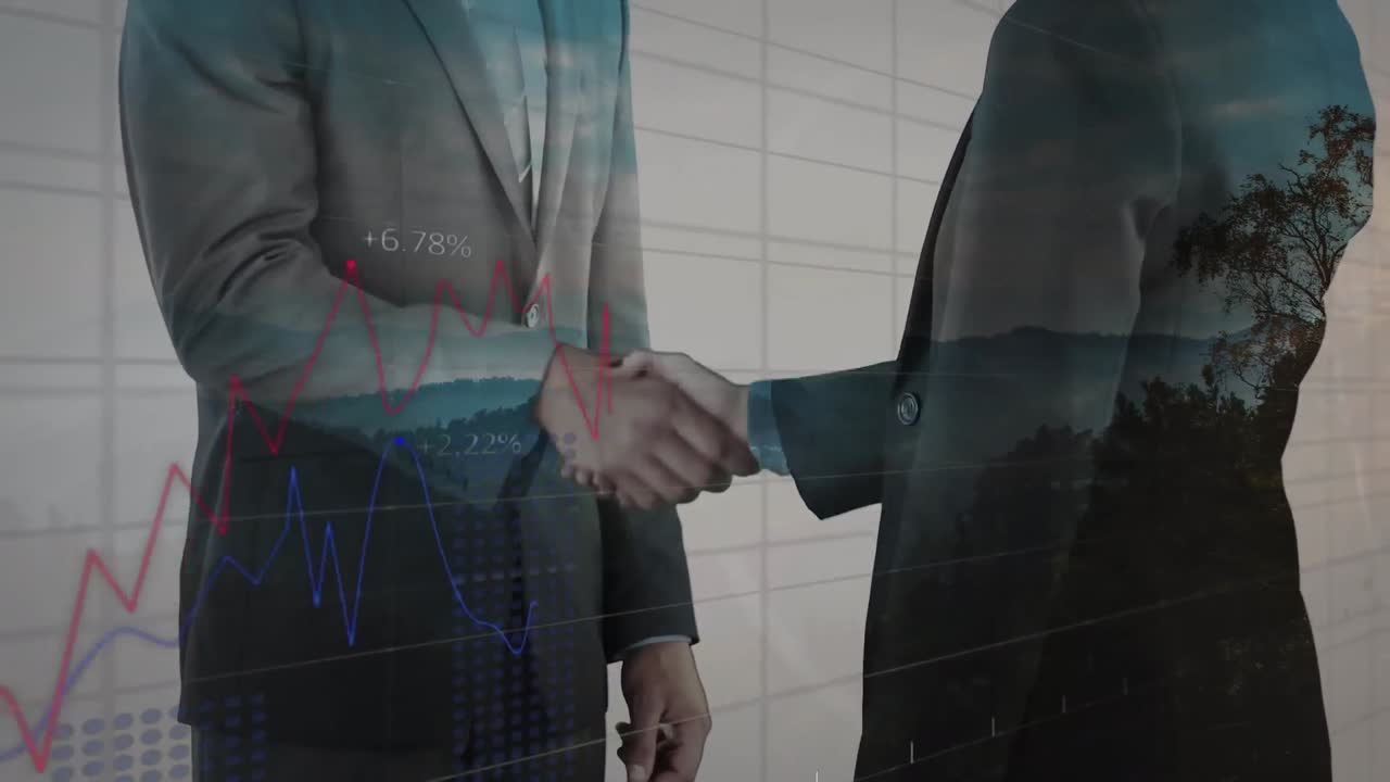 Animation of data processing over businessman handshake