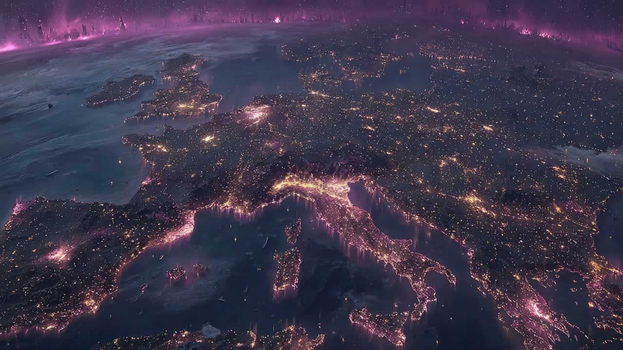 A Stunning Aerial View of Europe Illuminated at Night, Capturing the Beauty of Urban Lights Against a Cosmic Background