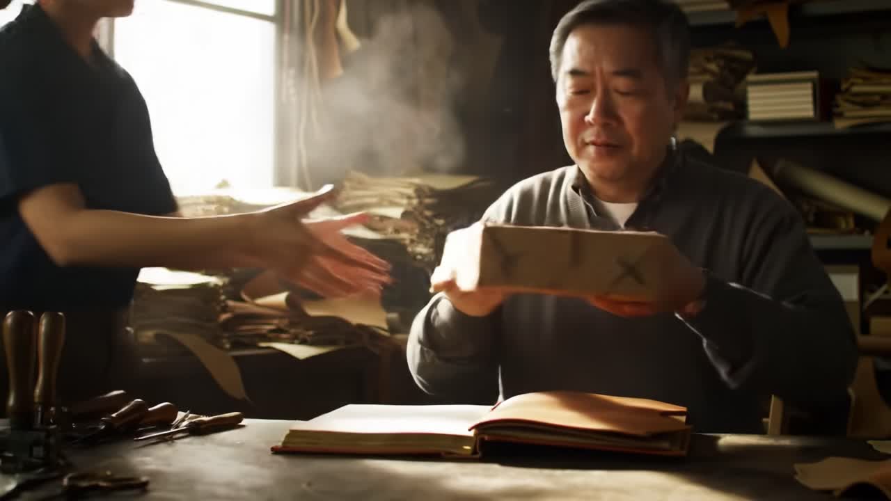 An apprentice hands a beautifully crafted wooden box to a seasoned craftsman in a sunlit workshop filled with papers. The moment captures the essence of skilled artistry and mentorship.