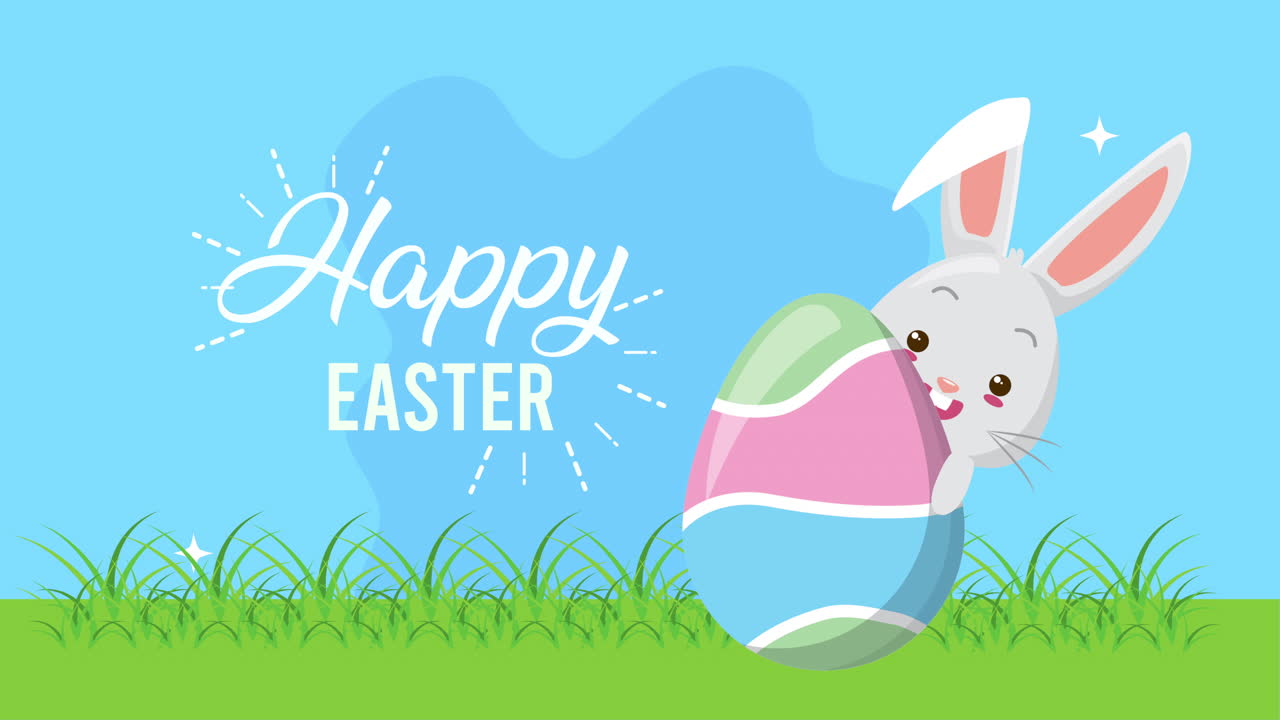 buona pasqua carta animata con uova dipinte e coniglio nel campo