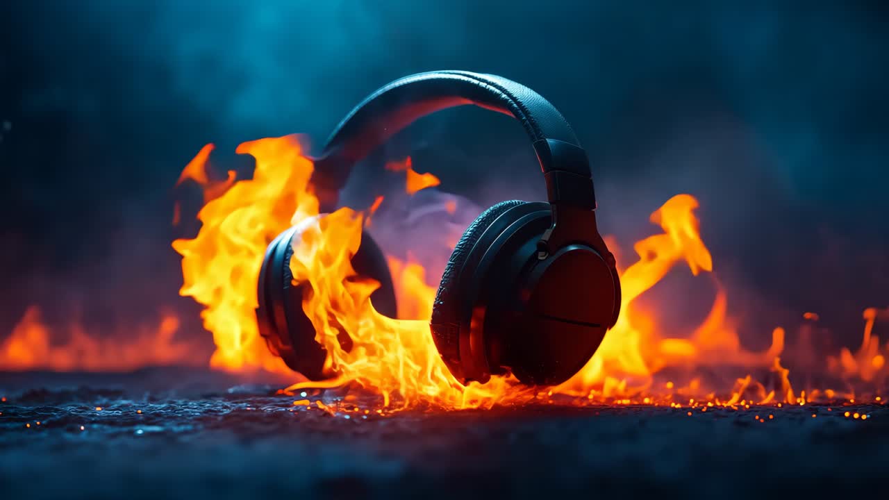 어두운 배경에 불타는 헤드폰 한