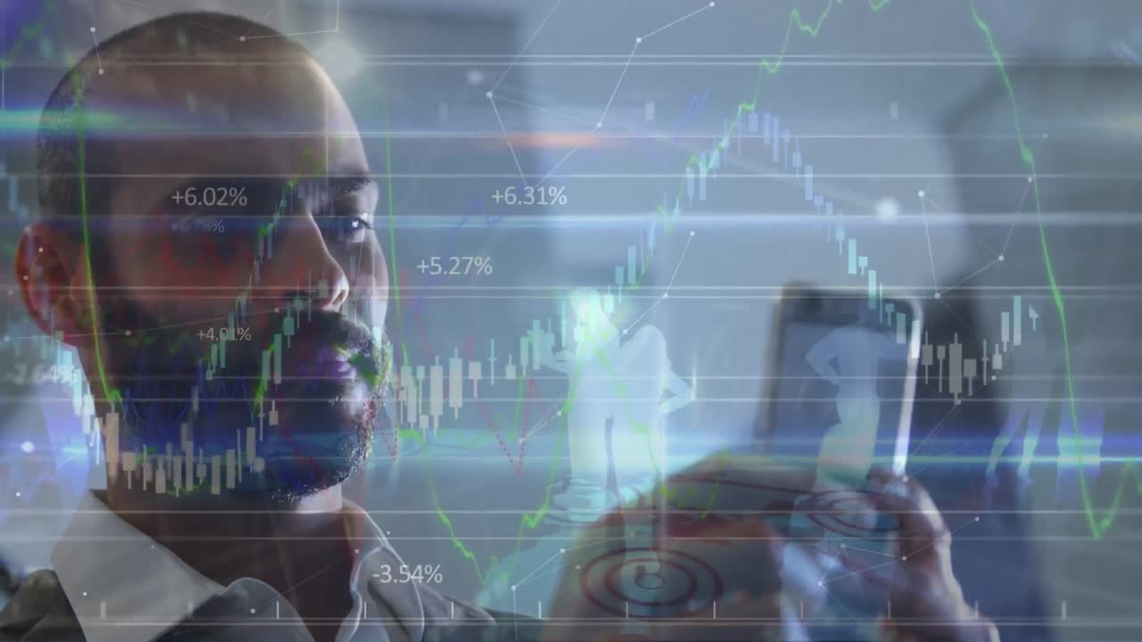 Animation of financial data and graphs over happy biracial businessman using smartphone