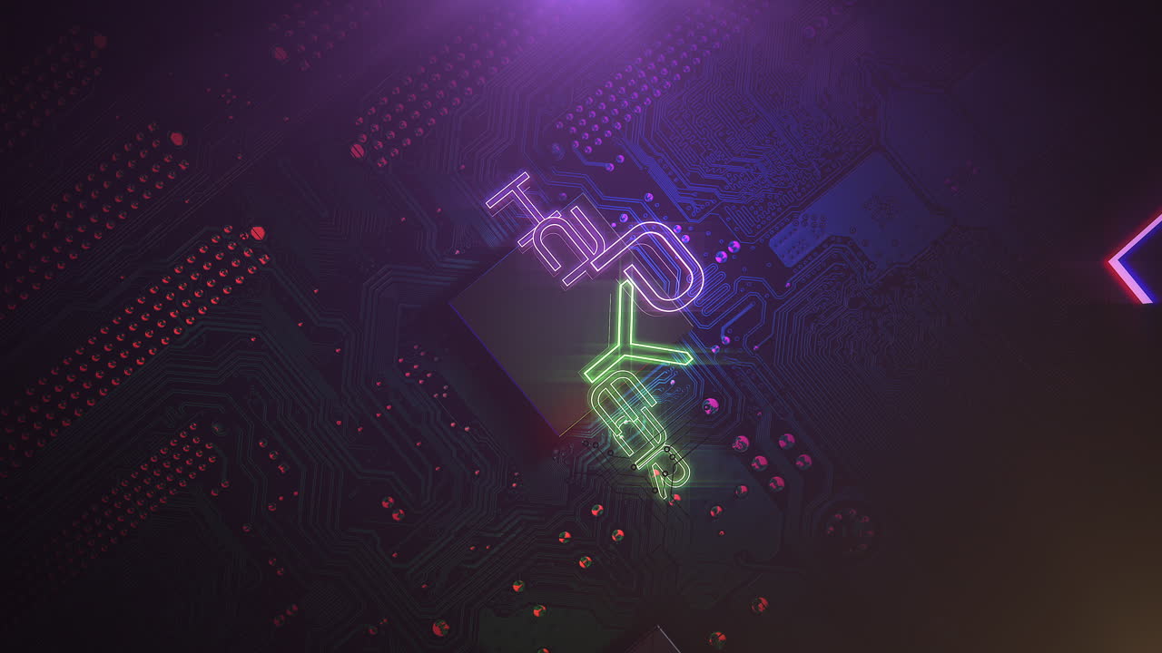texto de animación feliz año nuevo y fondo de animación cyberpunk con chip de computadora y luces de neón 1
