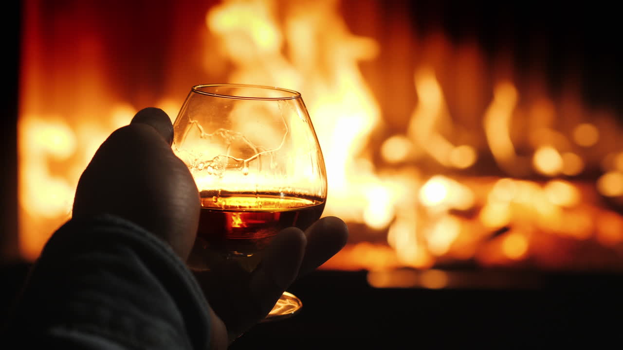 un hombre sostiene un vaso con alcohol en la mano el fuego de la chimenea se refleja en la bebida w