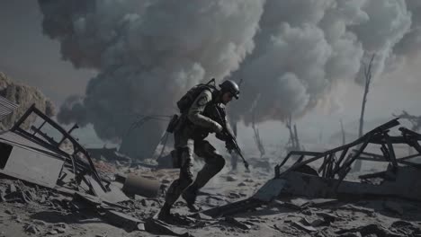 soldier in action on a war-torn battlefield
