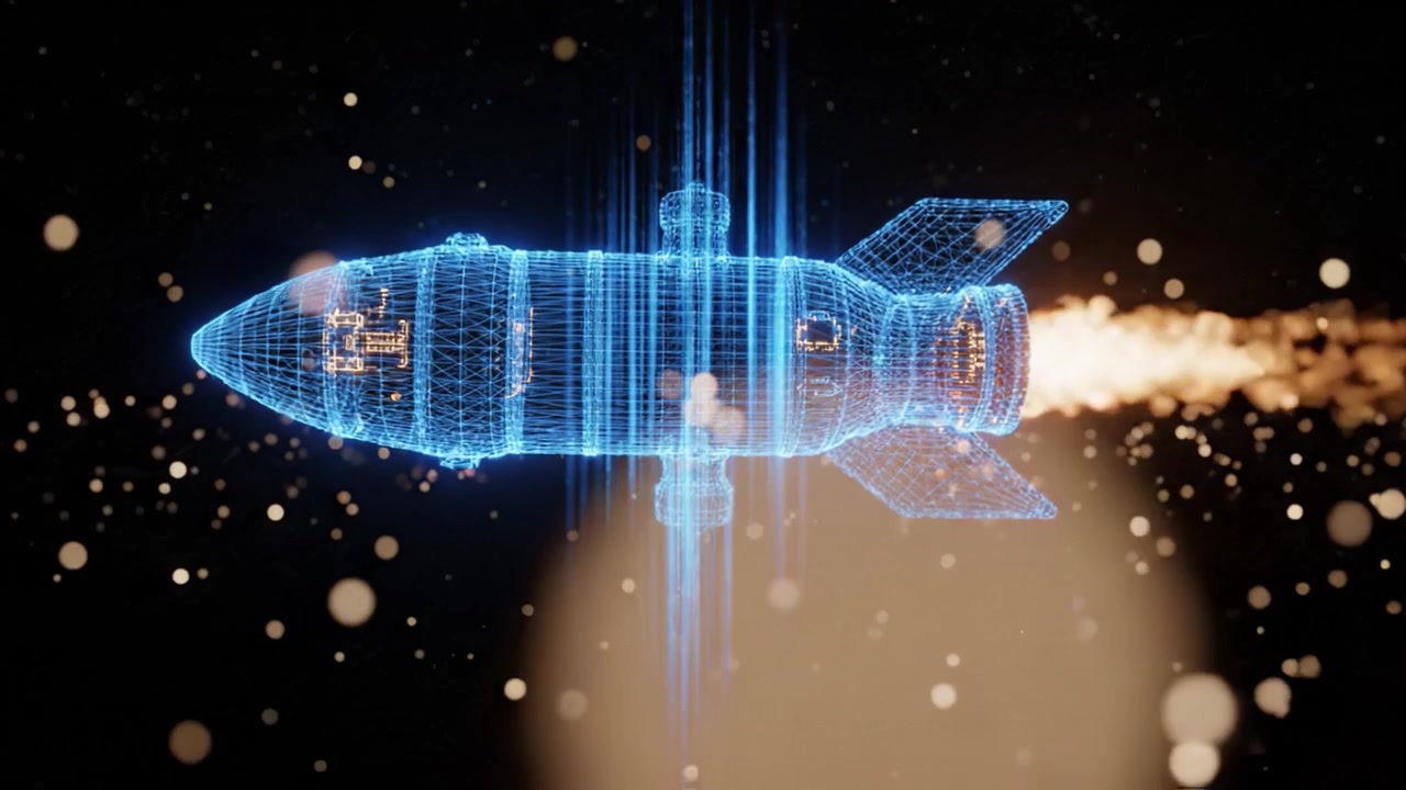 Futuristic Rocket Animation Featuring Stunning 3D Wireframe Technology and Dynamic Effects Showcasing a High-Tech Journey Through Outer Space