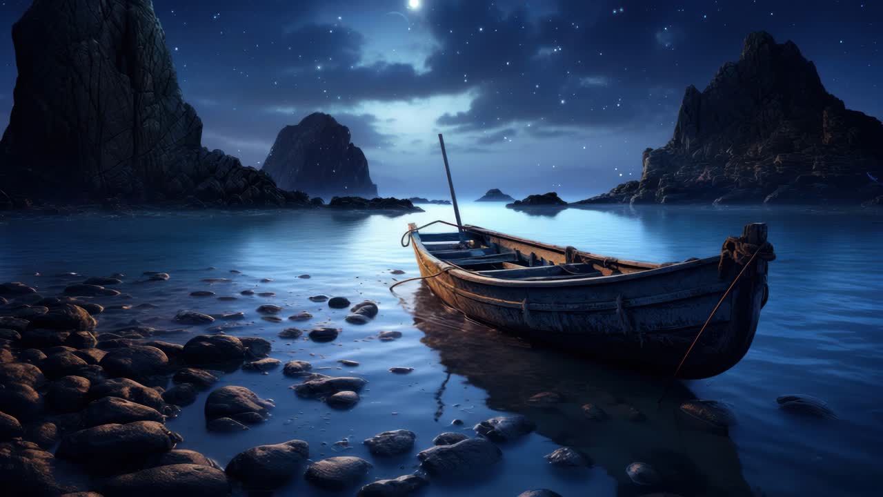A serene night scene of a wooden boat on a rocky shore under a starry ...