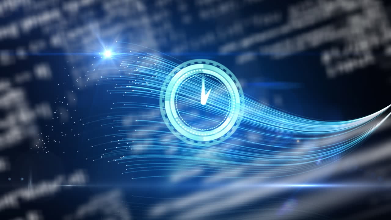 Animation of moving clock and data processing over blue shapes on black background