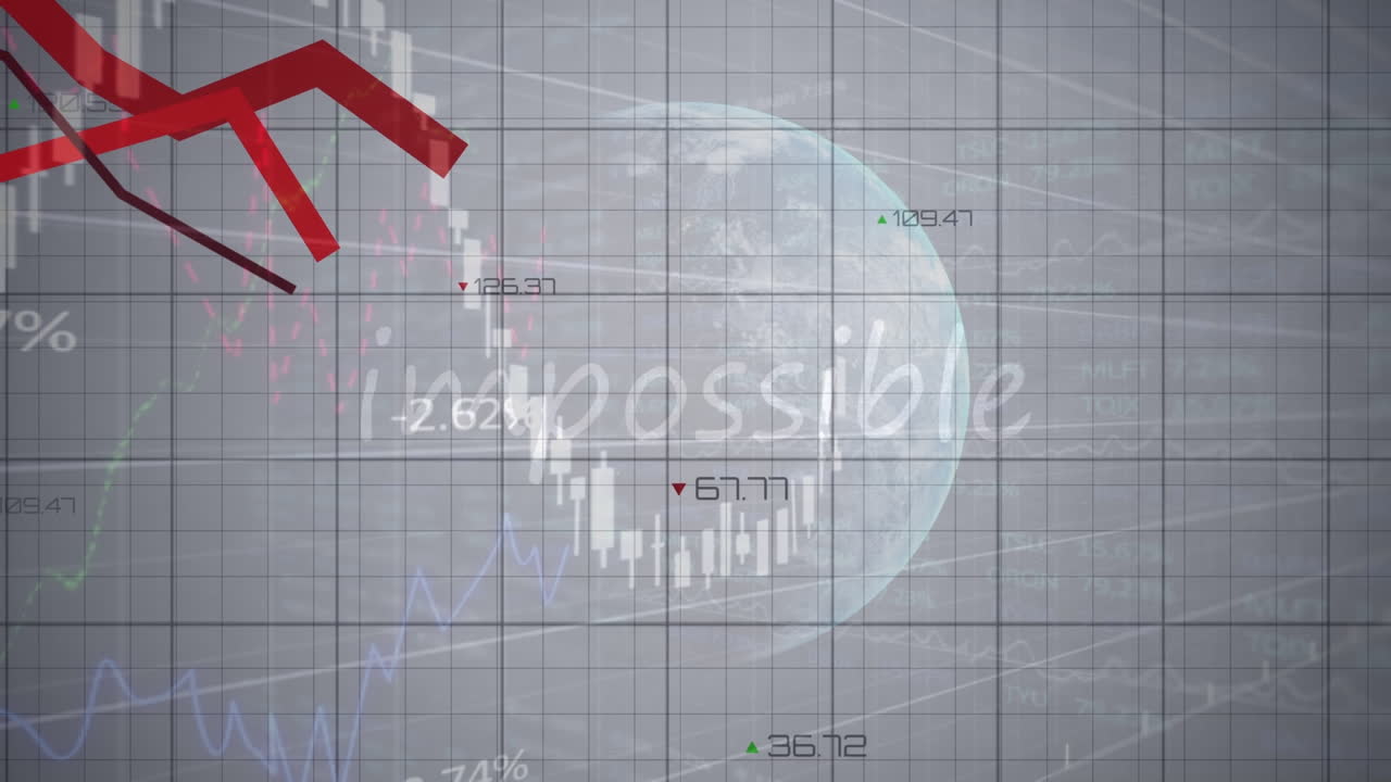 회색 배경에 전 세계 그래프와 금융 데이터의 애니메이션