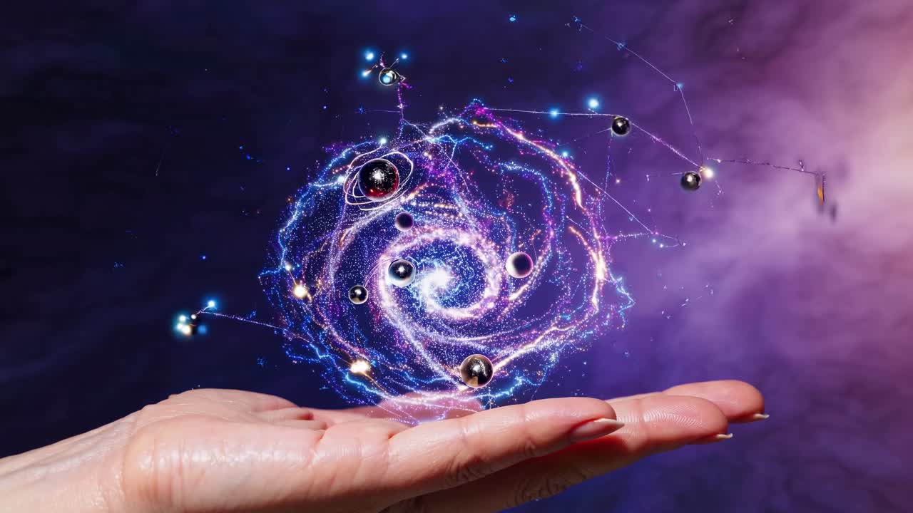 Un vortice cosmico di stelle e pianeti aleggia sopra una mano aperta. Questo video, ripreso da un'angolazione bassa,