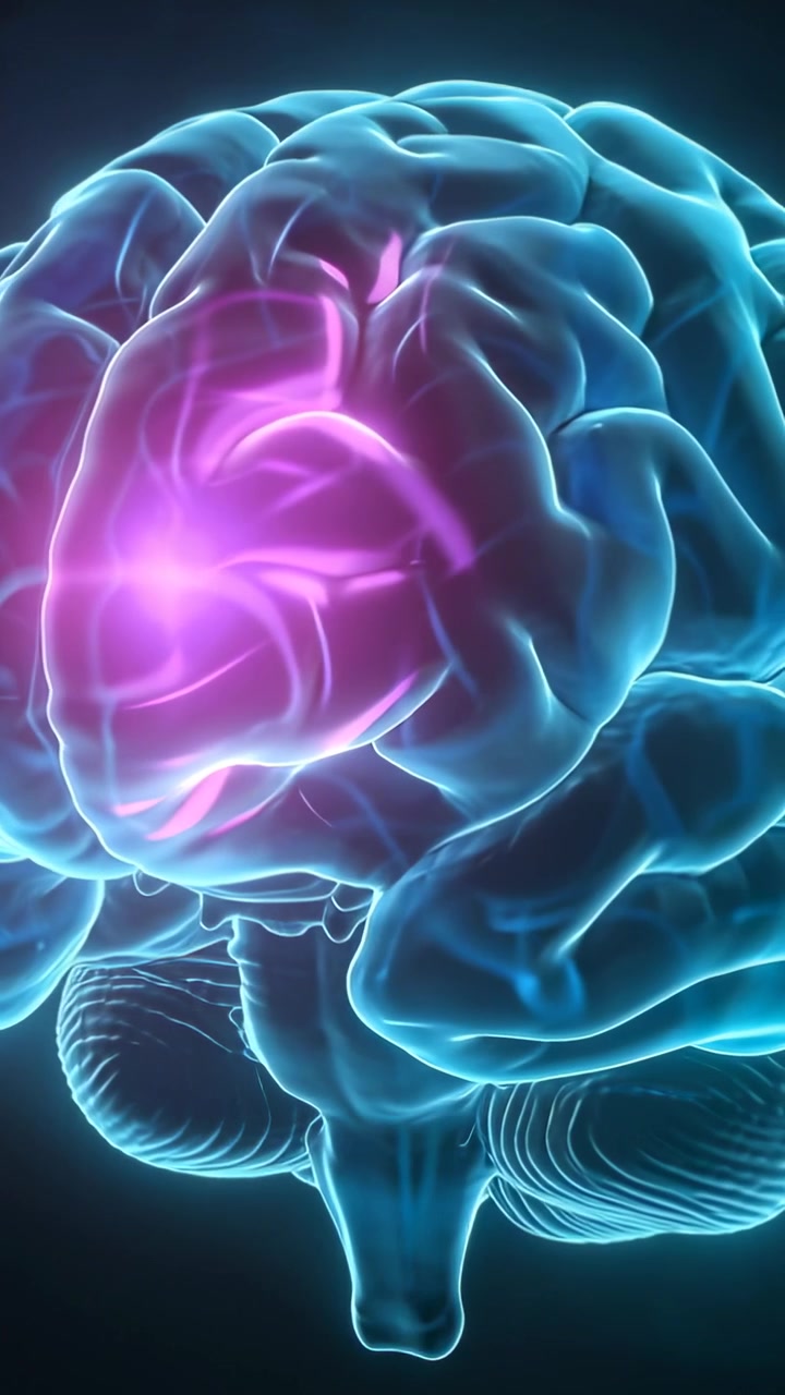 Vertical video: Appearing pink activation highlighting 3D brain pulsing and orbiting right in lab