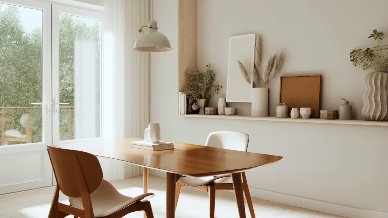 Modern Dining Room Interior with Shelf Decor and Natural Light