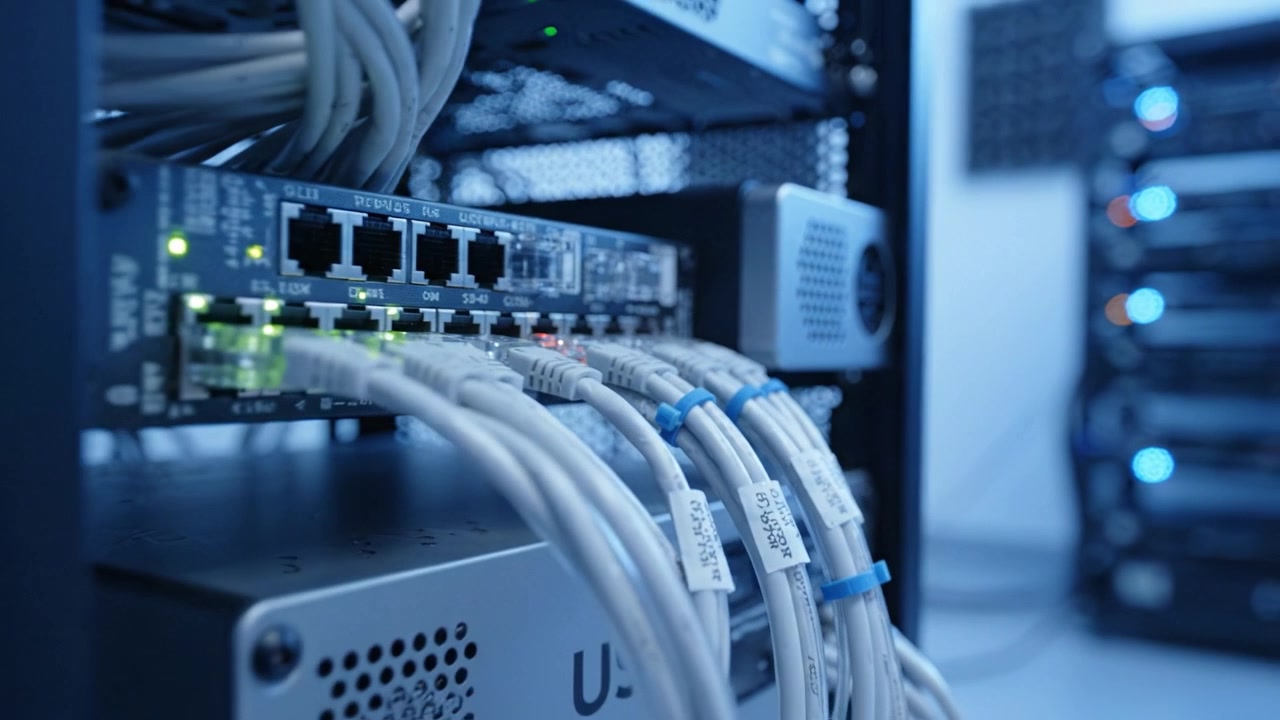 Detailed Overview of Network Hardware Components and Connections in a Server Room Featuring Cables, Switches, and Power Supplies in a Modern Setup