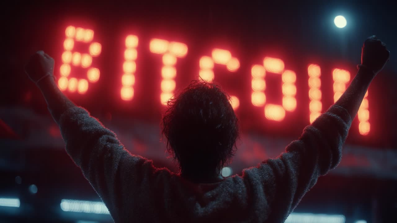 A Celebratory Moment Underneath a Neon Bitcoin Sign, Captured in Rain, Reflecting Excitement and Hope for the Future of Cryptocurrency