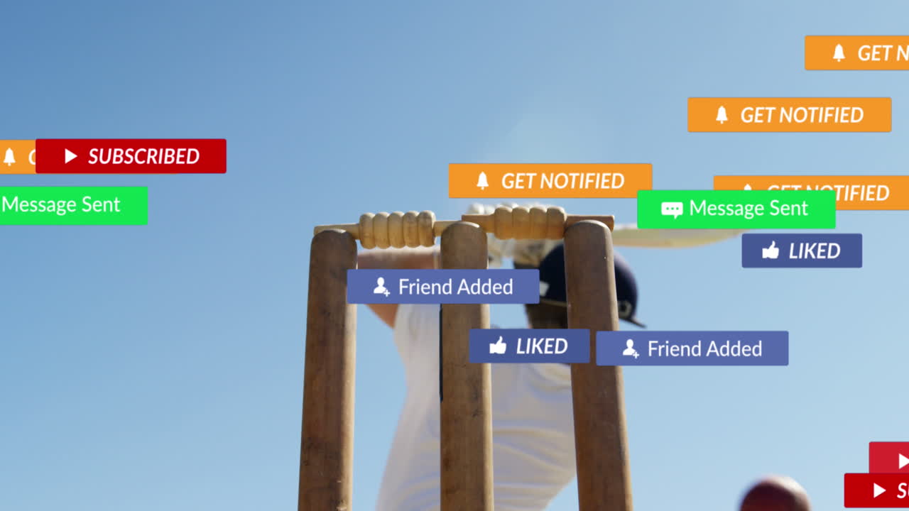 알림 바, 스 및 백인 타자가 공을 때리는 뒷면의 애니메이션