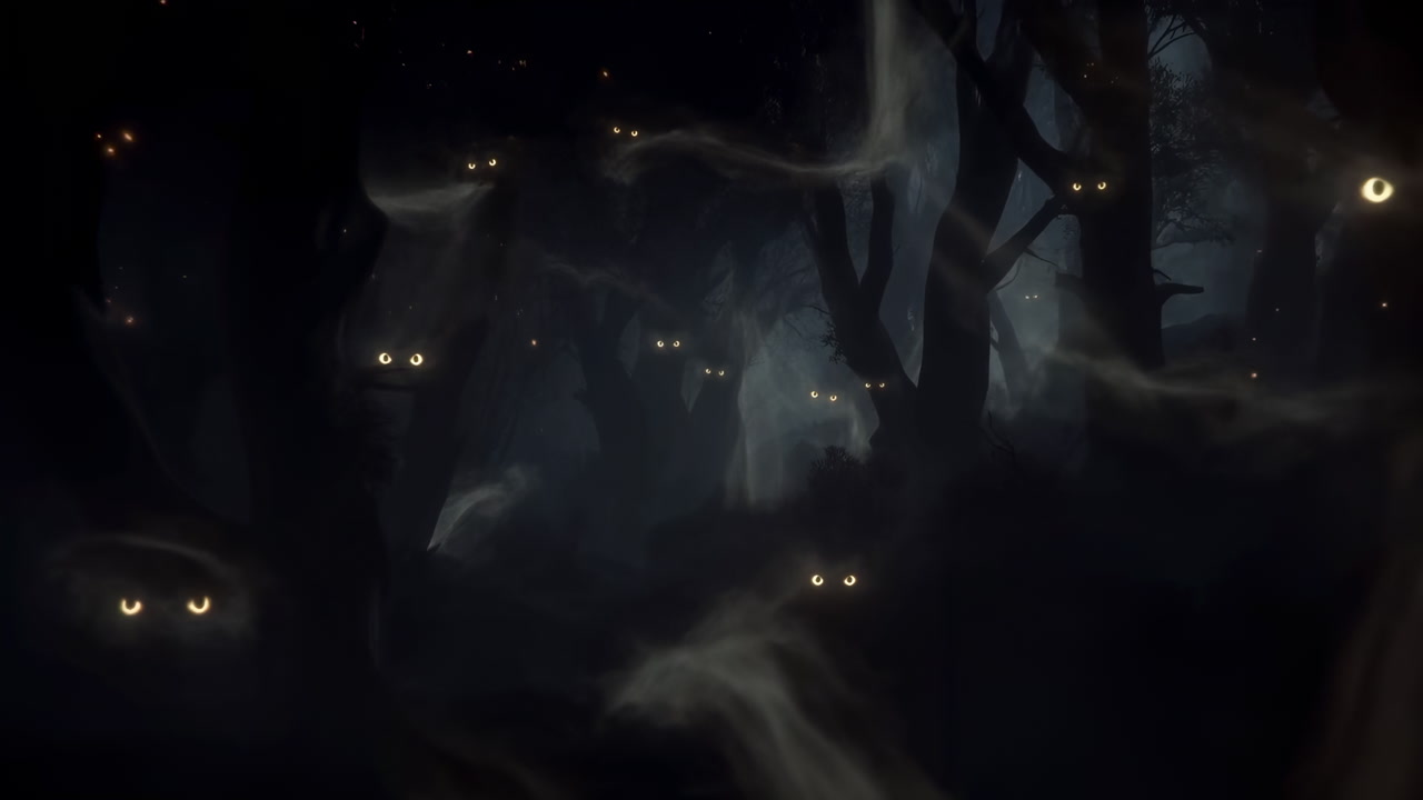 Foggy Night Forest With Glowing Eyes, Dozens Of Yellow Eyes Peering Between Twisted Trees, Drifting Mist