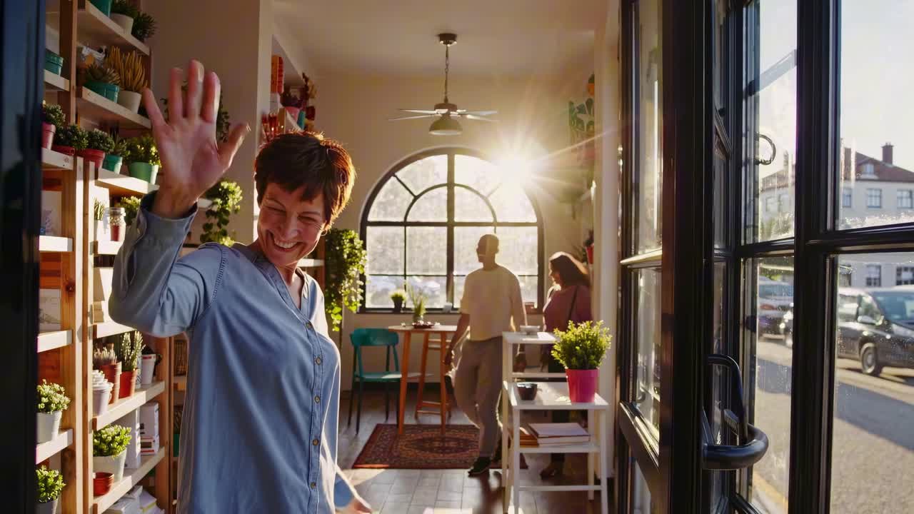 Wide-angle shot of a smiling woman entering a sunlit plant shop, capturing a welcoming, cozy
