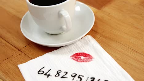 gros plan d'une tasse de café avec une marque de rouge à lèvres et un message écrit sur un tissu