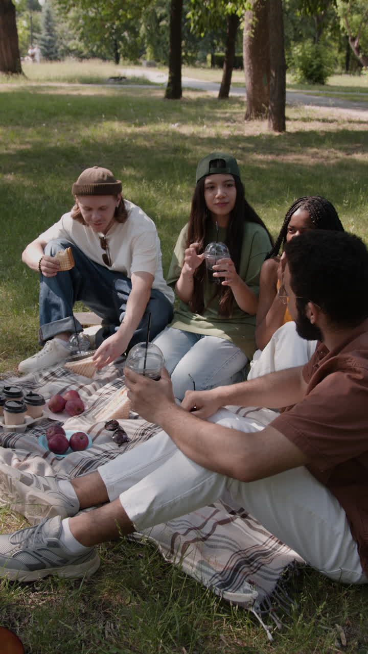 친구 들 이 공원 에서 피크닉 을 즐기고 있다