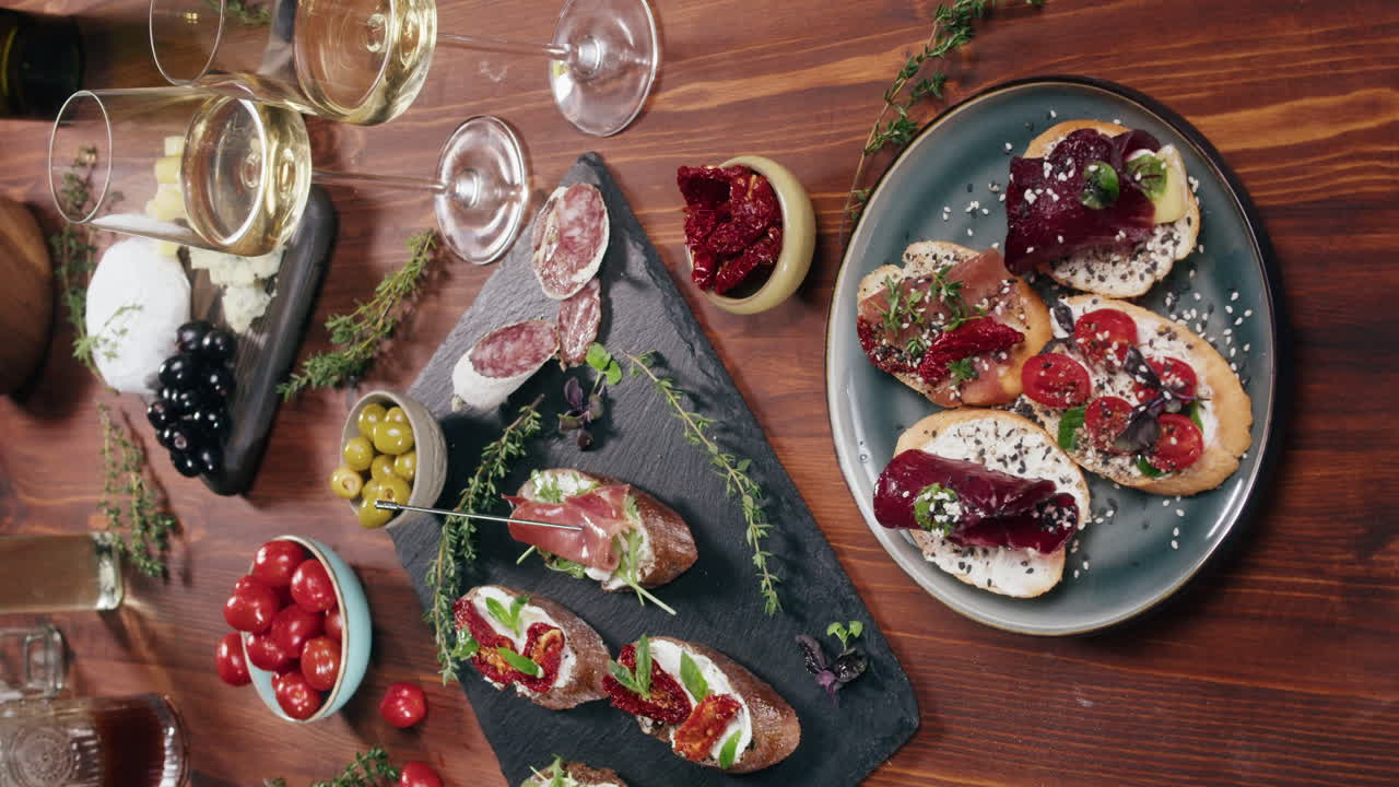 Appetizing Charcuterie Board with Wine and Bruschetta