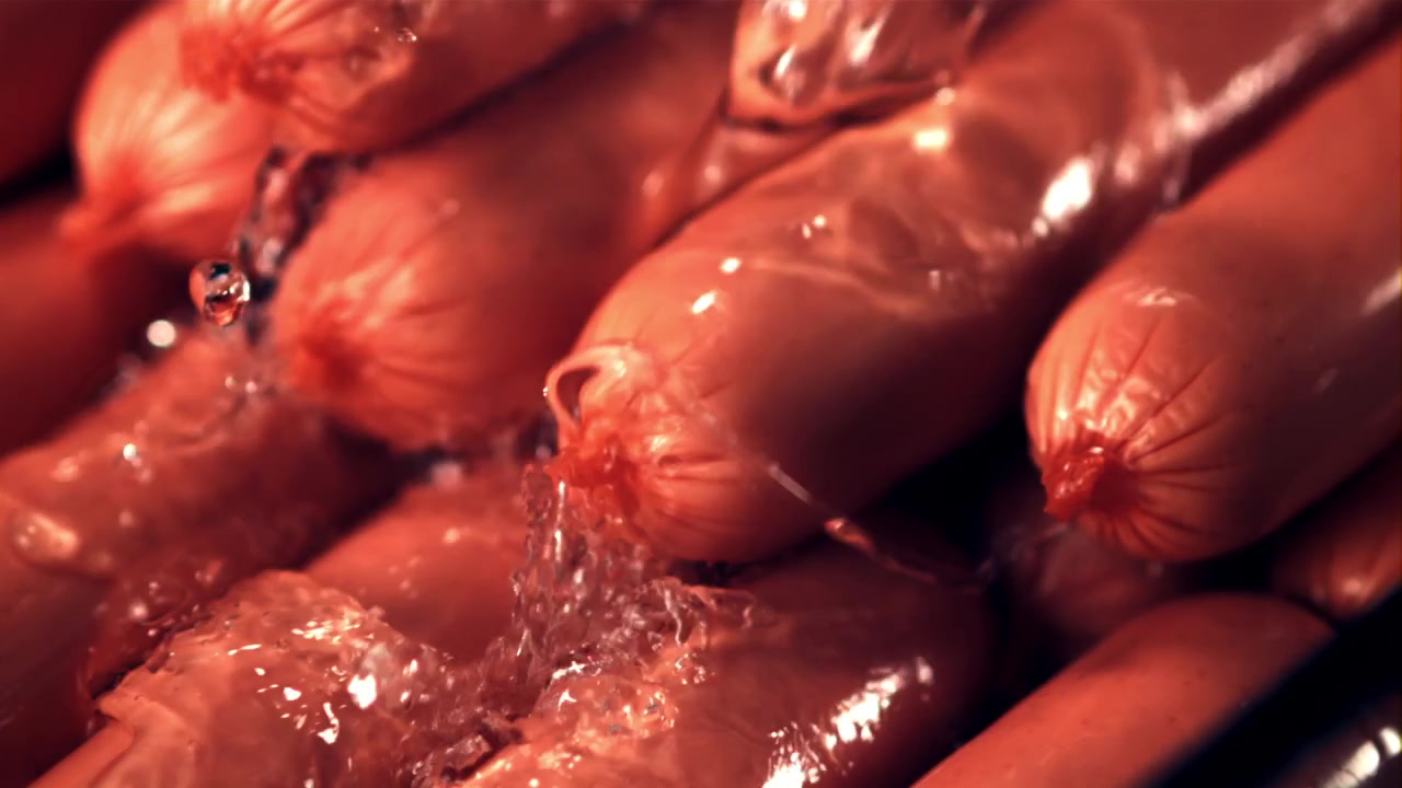 Close-up de Salsichas Sendo Lavadas em uma Fábrica de Processamento de Alimentos
