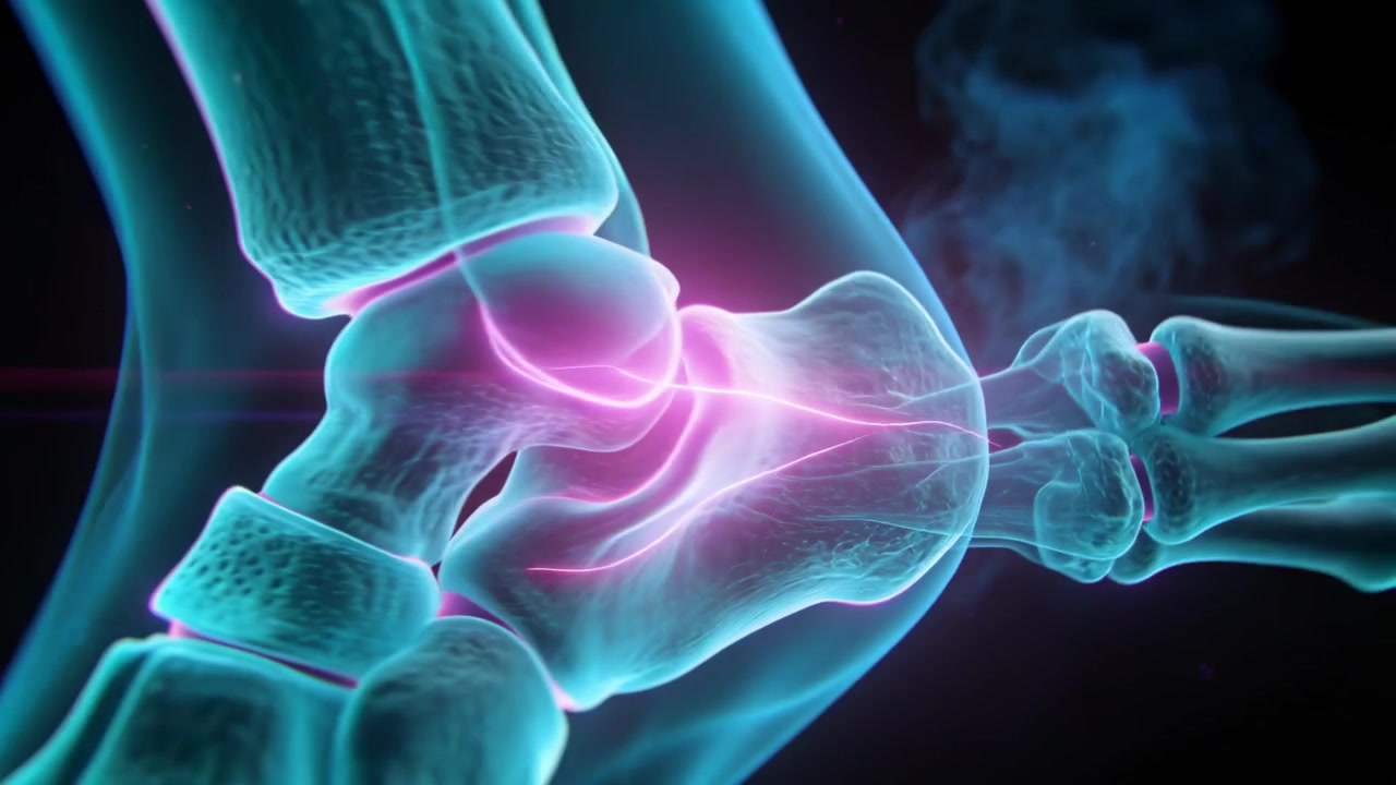 Telecamera rotante che rivela tibia, perone, astragalo e calcagno ciano in un rendering da studio, con tracciato magenta.