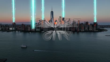 sunset over nyc skyline with smart city text and digital beams symbolizing connectivity