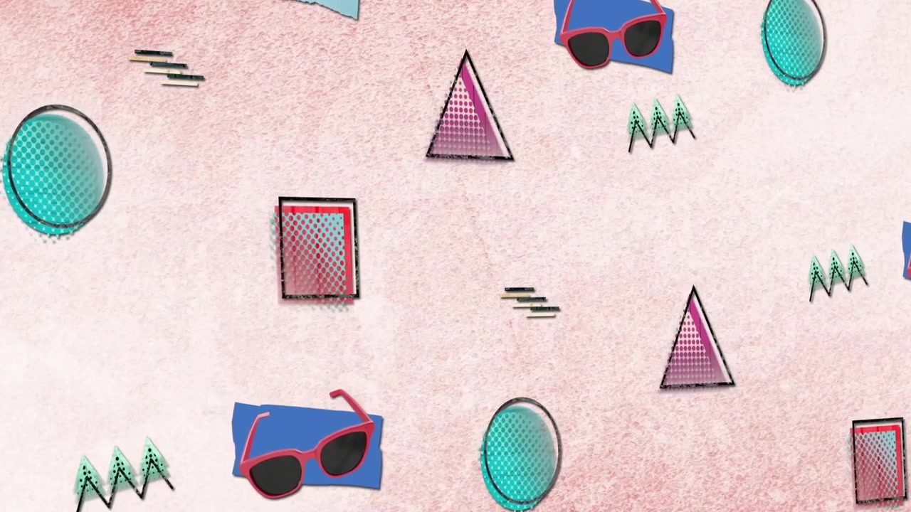 Sfondo animato in stile Memphis retrò con oggetti fluttuanti