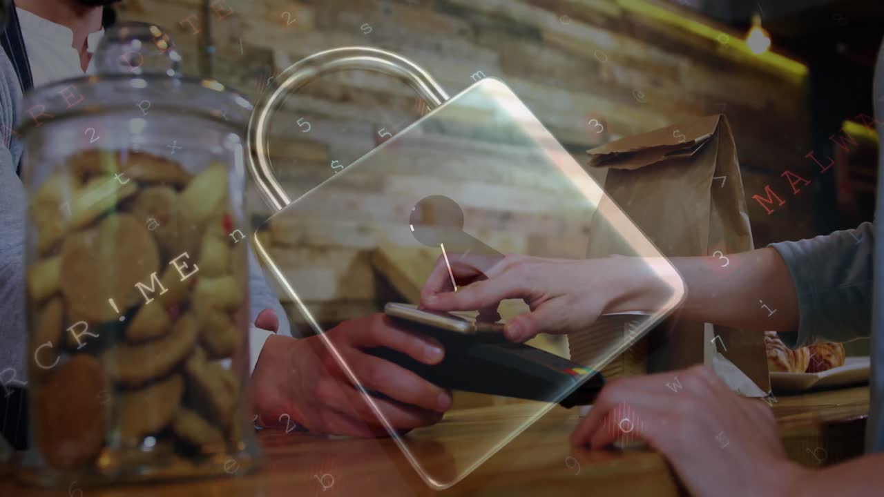 animación del candado de seguridad de la red sobre las personas que utilizan el terminal de pago
