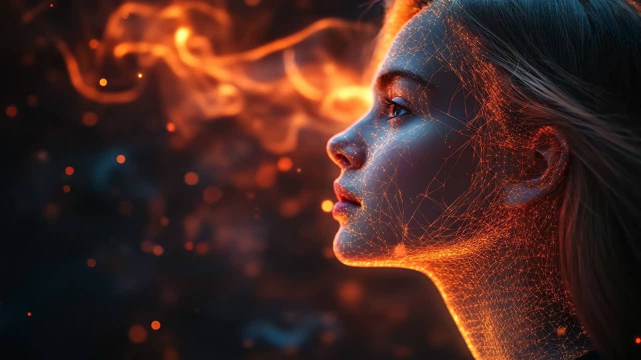 Futuristic woman with glowing digital mesh. A futuristic portrait of a woman with digital glowing mesh lines across her face