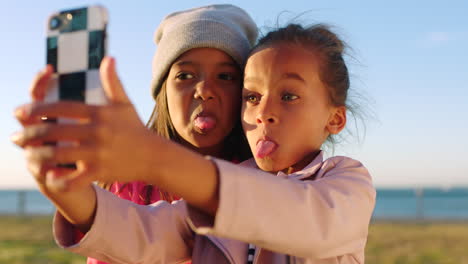 children, friends and phone selfie at beach park