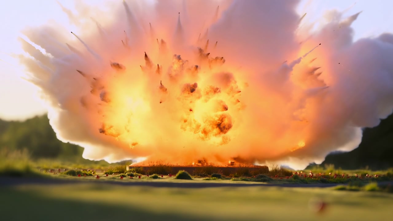 Explosion massive au niveau du sol dans une prairie ouverte, projetant des flammes oranges vers l'extérieur tandis qu'une épaisse fumée blanc-gris s'élève, s'étend et tourbillonne en panaches imposants au-dessus de l'herbe, sous un contraste dramatique.