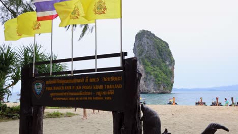 beach with flags, sign, and distant rock formation