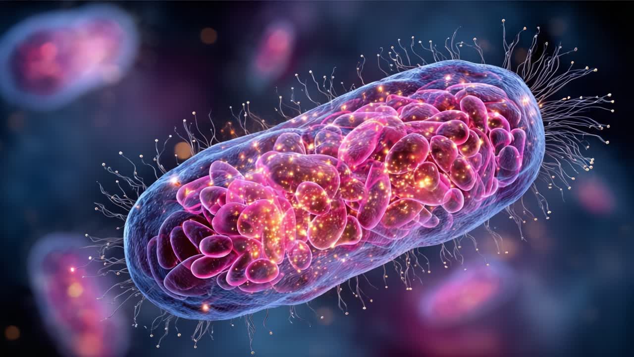 Visualizzazione microscopica di un batterio, con colori vivaci e dettagli intricati, che mette in evidenza la sua struttura cellulare e il significato biologico.