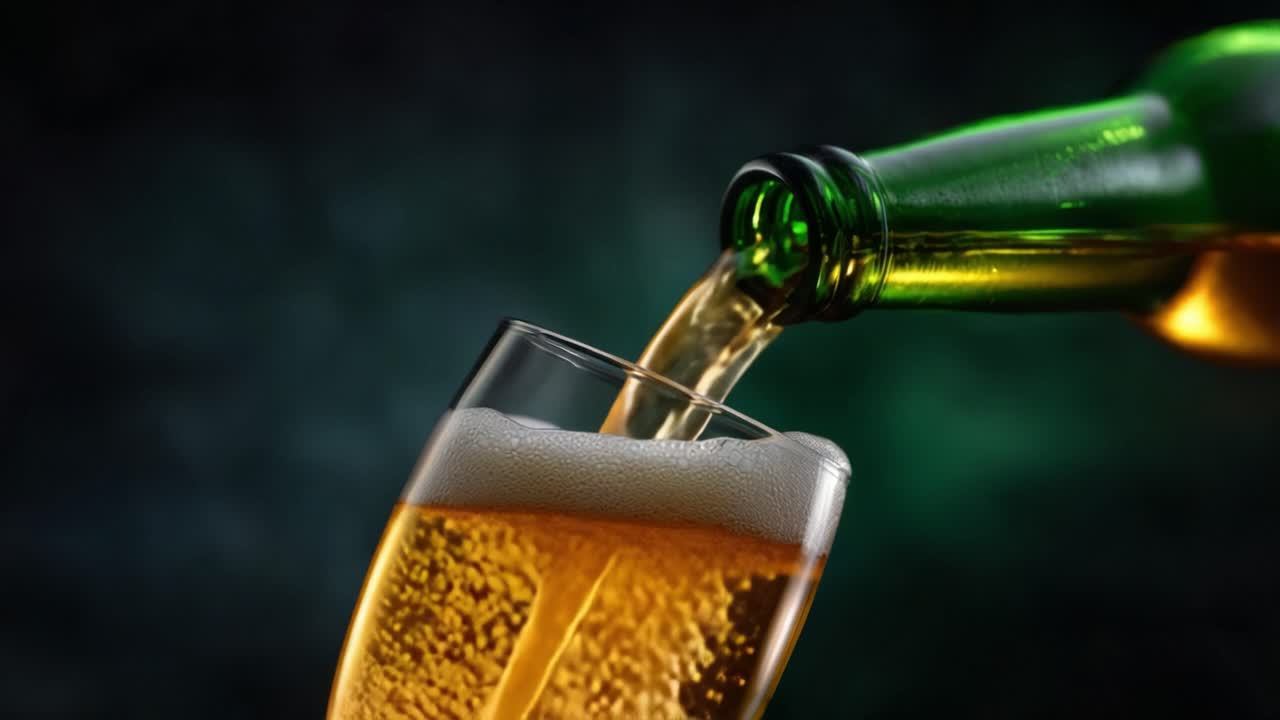 Bière rafraîchissante versée d'une bouteille verte dans un verre avec une mousse onctueuse, capturant l'essence du plaisir dans une ambiance décontractée
