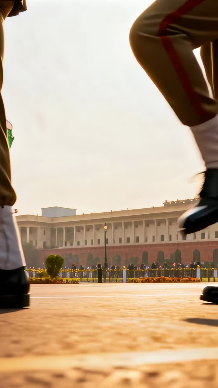 Vertical video: Marching soldiers in khakis gaiters, shoes on plaza, Indian flag flying for parade