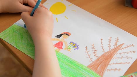 child drawing of a girl with flowers and a sun