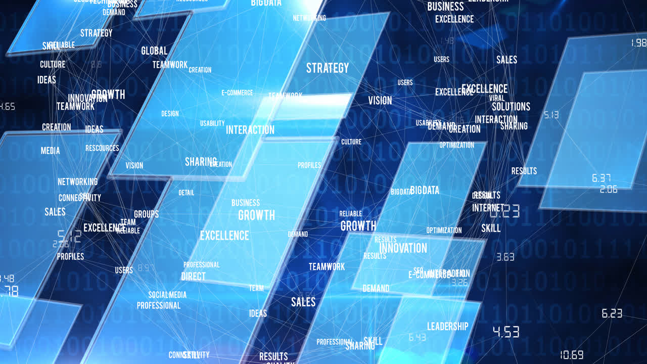 Animation of network of connections with digital words over binary coding in background