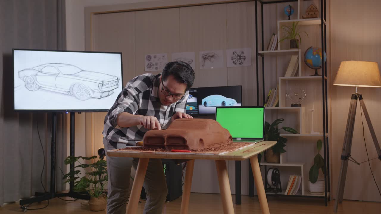 hombre asiático diseñador de automóviles con pantalla verde portátil usando rastrillo o alambre para suavizar la superficie y crear detalles en la escultura de arcilla de coche en el estudio