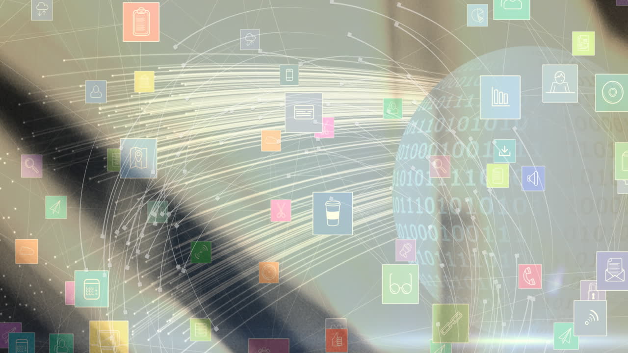 흐릿한 배경 위에 디지털 아이콘이 있는 지구의 애니메이션