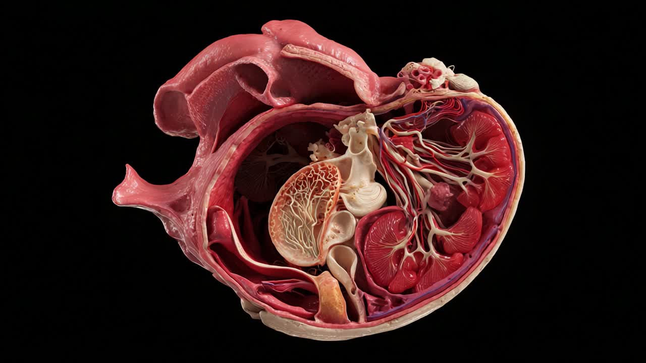 A Detailed Anatomical Study of the Human Heart, Showcasing Its Intricate Structures, Vascular System, and Internal Components Through High-Resolution Imaging for Educational Purposes