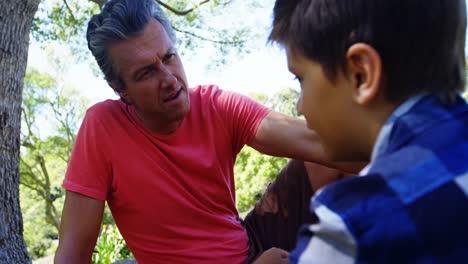 Father-consoling-his-son-at-picnic-in-park-4k