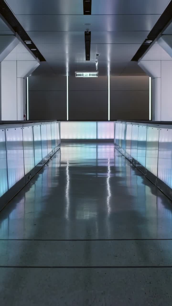 Pasillo moderno vacío con paneles de luz cambiantes y reflejos