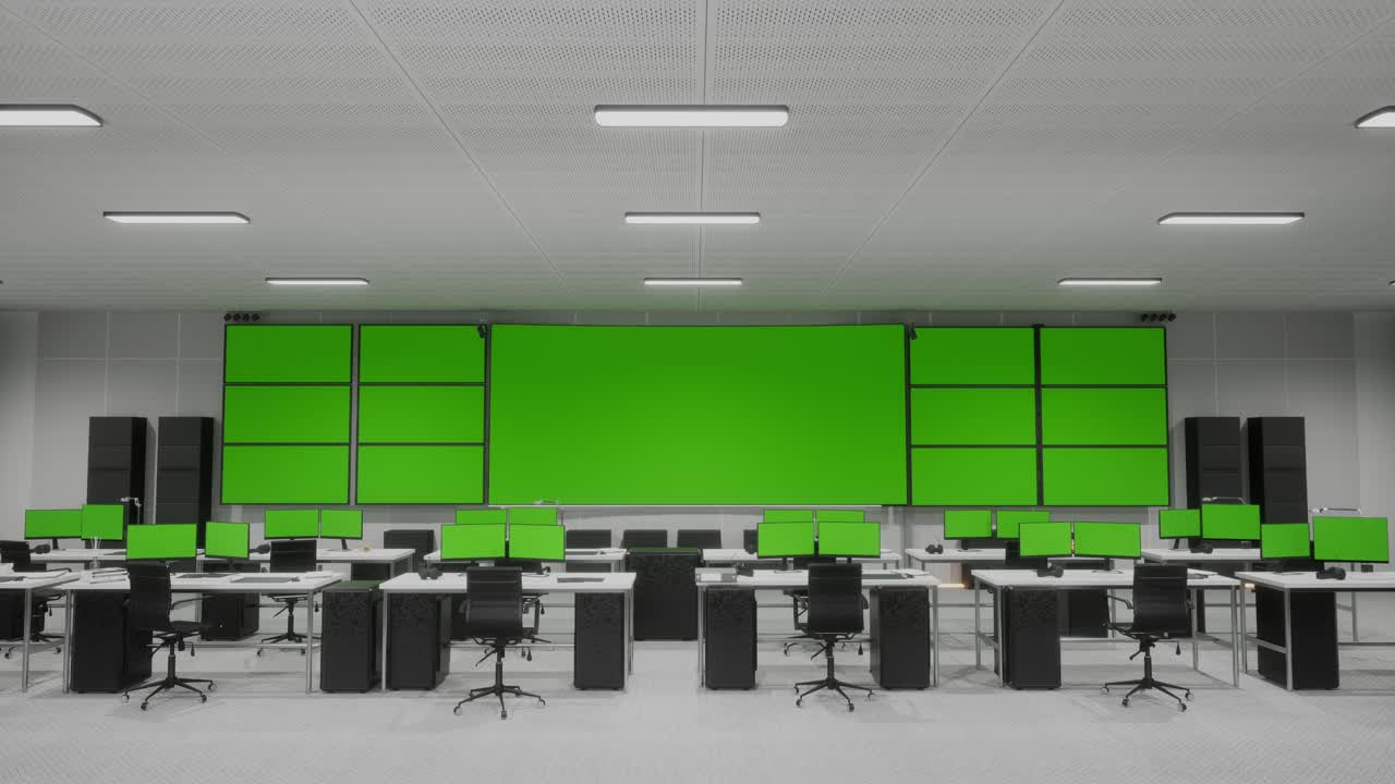sala de control moderna con pantallas de pantalla verde