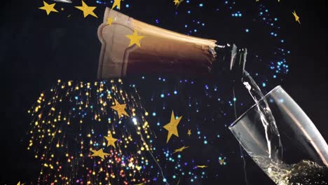 animation of stars floating over pouring champagne and fireworks