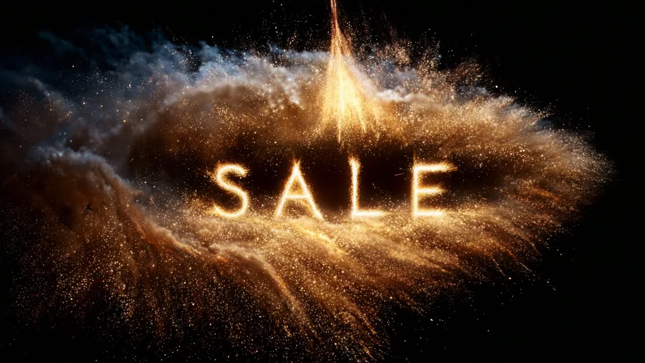 A Glimmering Sale Announcement Captured in Stunning Visuals, Featuring a Glittering Display of Sparkling Particles Forming the Word 'SALE' Against a Dark Background