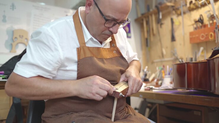 Luthier with violin bridge in workshop