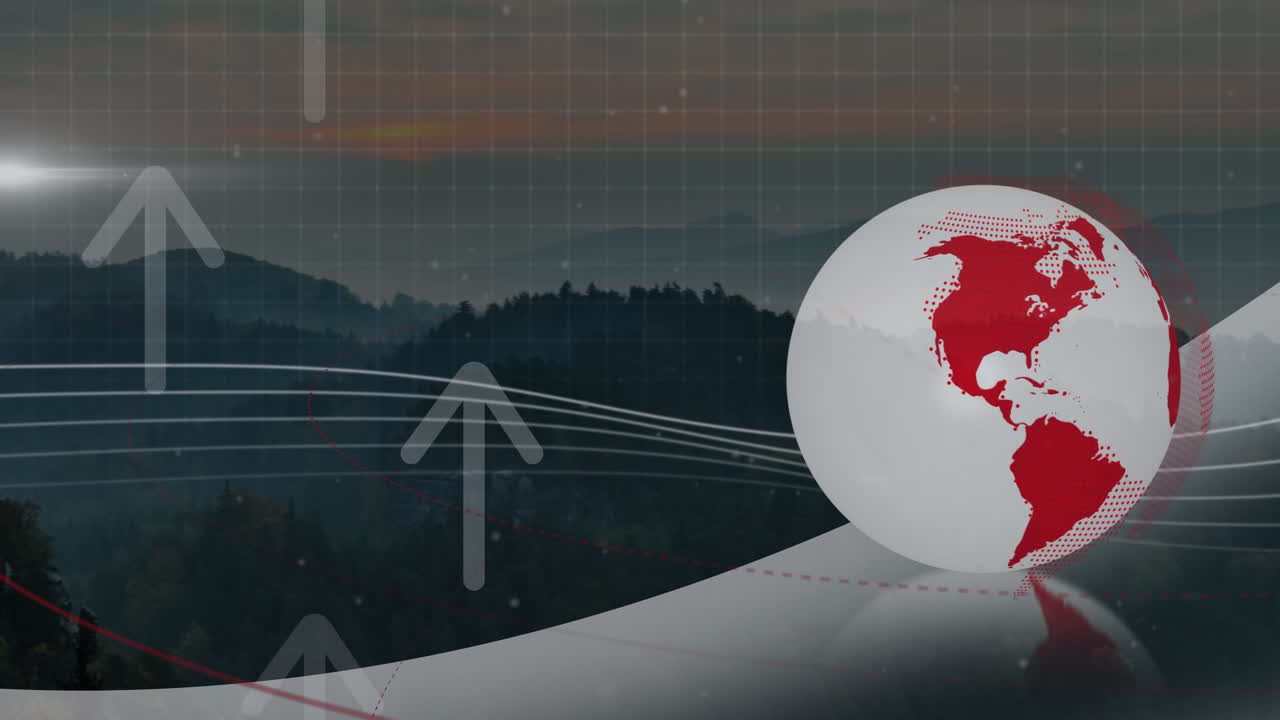 해가 지는 풍경 위에 있는 화살표와 지구의 애니메이션